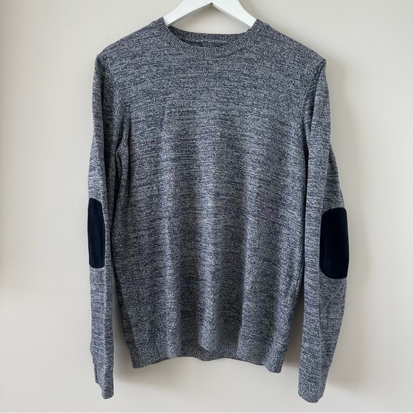 Topshop Topman Blue Heathered Elbow Patch Long Sleeve Shirt Sweater Crew Neck - Picture 1 of 14